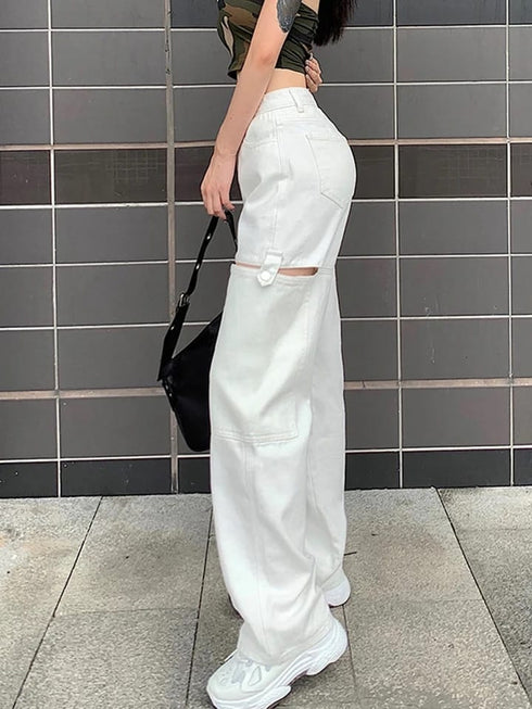 Cargo Large Pocket Hollow Cut Straight Pants